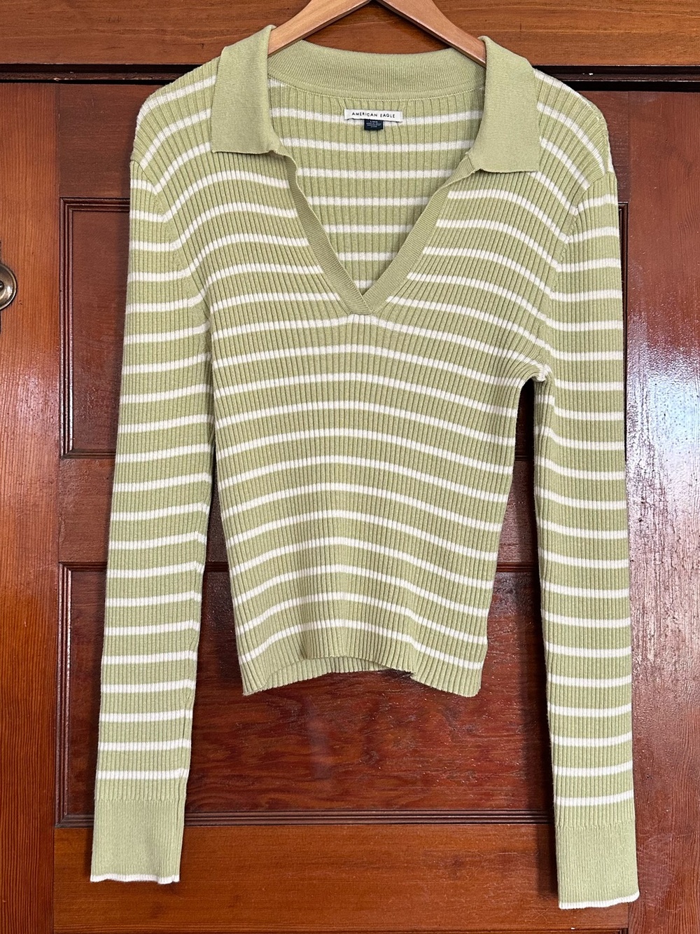 American Eagle Sage Green Striped Rib Knit Collared Polo Sweater Top Large Y2K